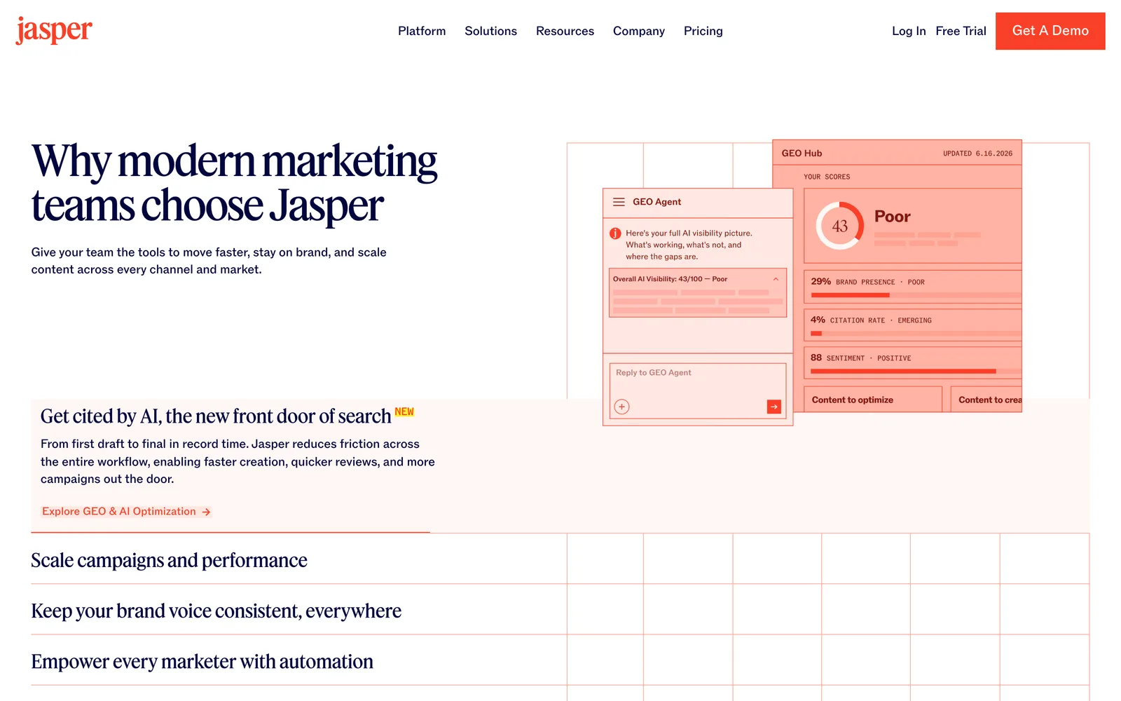 Jasper’s GEO Hub and its AI-visibility scores, as shown on jasper.ai